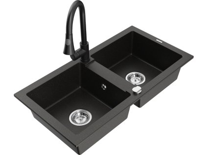 MEXEN/S - Mario granitový dřez 2-bowl včetně baterie Elia, černá/zlatá metalik 6504-75-670101-70