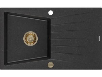 MEXEN/S - Cesar granitový dřez 1 s odkapávačem 775x470 mm, černý/stříbro metalik + zlatý sifon 6514771010-73-G