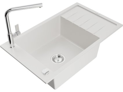 MEXEN/S - Elias granitový dřez 1 s odkapávačem včetně baterie Flora, bílá 6511-20-670401-00