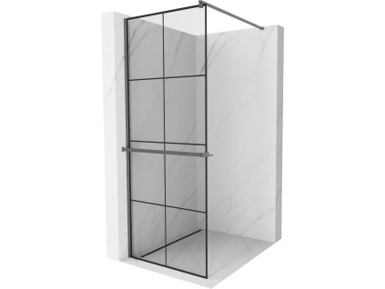 MEXEN/S - Kioto+ Sprchová zástěna WALK-IN s poličkou a držákem ručníků 90 x 200 cm, černý vzor, grafit metal 800-090-121-95-77