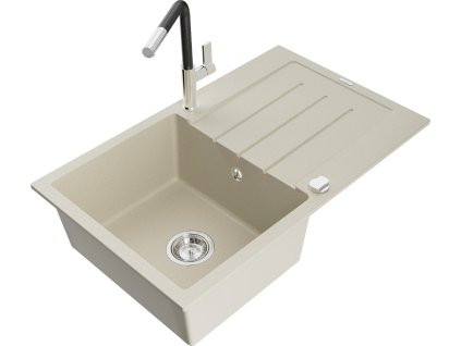 MEXEN/S - Bruno granitový dřez 1 s odkapávačem včetně baterie Flora, béžová 6513-69-670401-07