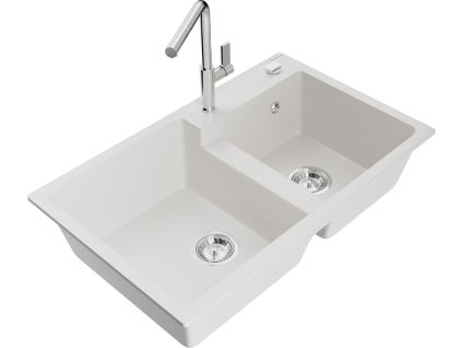 MEXEN/S - Tomas granitový dřez 2-bowl včetně baterie Flora, bílá 6516-20-670401-00