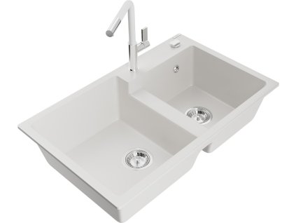 MEXEN/S - Tomas granitový dřez 2-bowl včetně baterie Flora, bílá 6516-20-670401-02