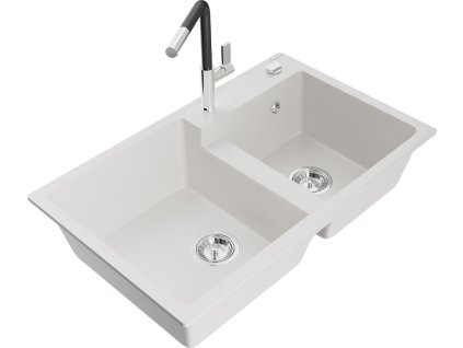 MEXEN/S - Tomas granitový dřez 2-bowl včetně baterie Flora, bílá 6516-20-670401-07