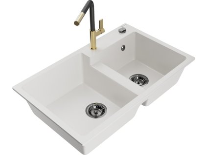 MEXEN/S - Tomas granitový dřez 2-bowl včetně baterie Flora, bílá 6516-20-670401-57-B