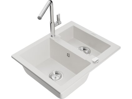 MEXEN/S - Carlos granitový dřez 1.5 včetně baterie Flora, bílá 6518-20-670401-00