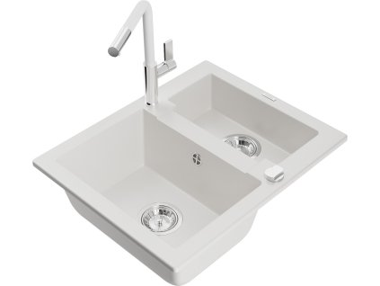 MEXEN/S - Carlos granitový dřez 1.5 včetně baterie Flora, bílá 6518-20-670401-02