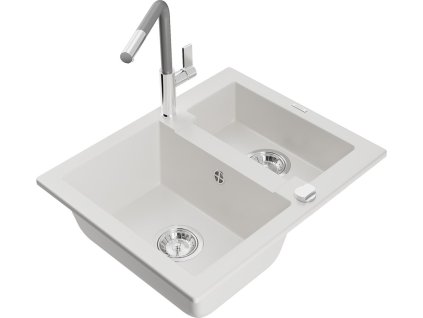 MEXEN/S - Carlos granitový dřez 1.5 včetně baterie Flora, bílá 6518-20-670401-06