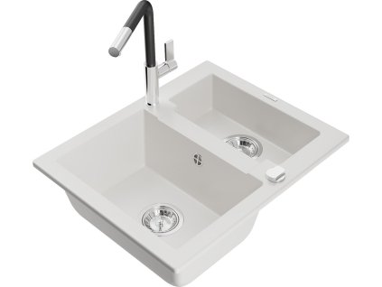 MEXEN/S - Carlos granitový dřez 1.5 včetně baterie Flora, bílá 6518-20-670401-07