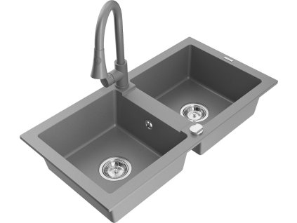 MEXEN/S - Mario granitový dřez 2-bowl včetně baterie Elia, šedá 6504-71-670101-71