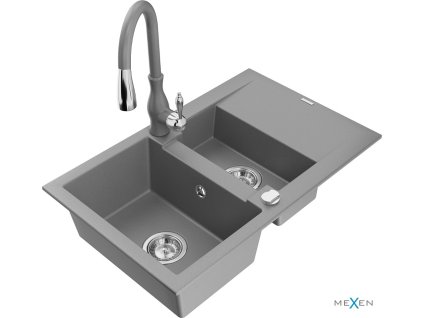 MEXEN/S - Gaspar granitový dřez 1.5 s odkapávačem včetně baterie Savita, šedá 6507-71-672601-71