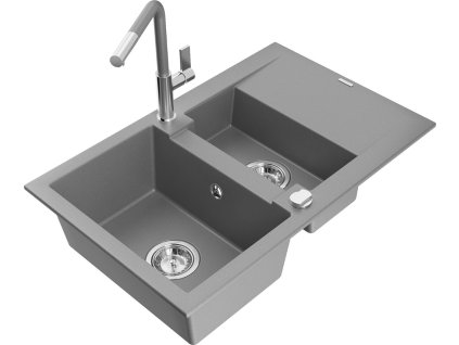 MEXEN/S - Gaspar granitový dřez 1.5 s odkapávačem včetně baterie Flora, šedá 6507-71-670401-06