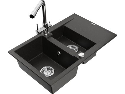 MEXEN/S - Gaspar granitový dřez 1.5 s odkapávačem včetně baterie Duero, černá/zlatá metalik 6507-75-671600-00