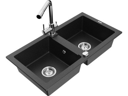 MEXEN/S - Mario granitový dřez 2-bowl včetně baterie Duero, černá/stříbrná metalik 6504-73-671600-00