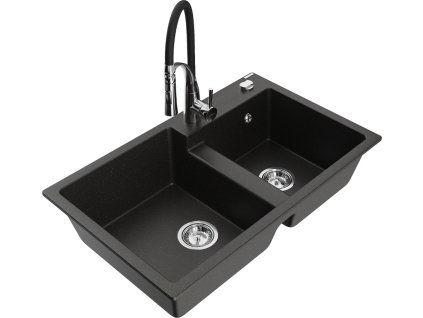 MEXEN/S - Tomas granitový dřez 2-bowl včetně baterie Aster, černá/zlatá metalik 6516-75-73450-07
