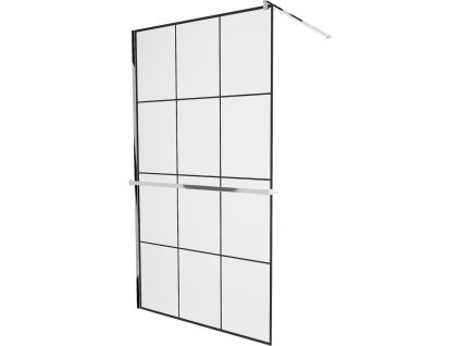 MEXEN/S - KIOTO Sprchová zástěna WALK-IN s poličkou a držákem ručníků 120 x 200, transparent/černá 8 mm, chrom 800-120-121-01-77