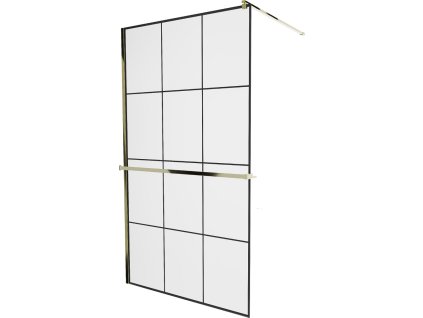 MEXEN/S - KIOTO Sprchová zástěna WALK-IN s poličkou a držákem ručníků 120 x 200, transparent/černá 8 mm, zlatá 800-120-121-50-77