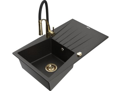MEXEN/S - Cesar granitový dřez s odkapávačem včetně baterie Aster, černá/zlatá metalik 6514-75-73450-57-G