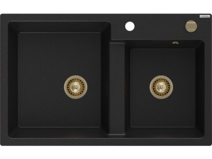 MEXEN/S - Tomas granitový dřez 2-bowl 800x500 mm, černý + zlatý sifon 6516802000-77-G
