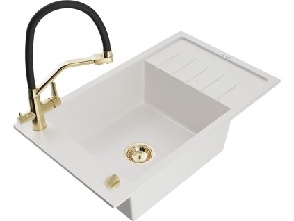 MEXEN/S - Elias granitový dřez s odkapávačem včetně baterie Duo, bílá 6511-20-671701-57-G