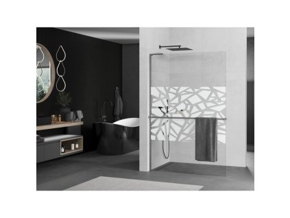MEXEN/S - Kioto+ L Sprchová zástěna WALK-IN s poličkou a držákem ručníků 110 x 200 cm, bílý vzor, grafit kartáčovaná 800-110-123-66-85