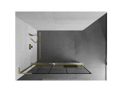MEXEN/S - Kioto+ L Sprchová zástěna WALK-IN s poličkou a držákem ručníků 110 x 200 cm, černý vzor, zlatá kartáčovaná 800-110-123-55-78