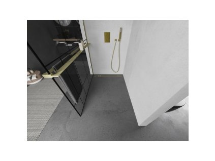 MEXEN/S - Kioto+ L Sprchová zástěna WALK-IN s poličkou a držákem ručníků 120 x 200 cm, černý vzor, zlatá kartáčovaná 800-120-123-55-78