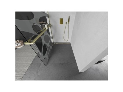 MEXEN/S - Kioto+ L Sprchová zástěna WALK-IN s poličkou a držákem ručníků 80 x 200 cm, bílý vzor, zlato kartáčovaná 800-080-123-55-97