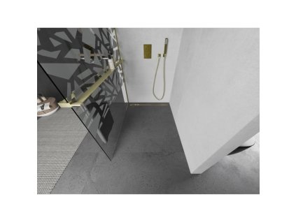 MEXEN/S - Kioto+ L Sprchová zástěna WALK-IN s poličkou a držákem ručníků 70 x 200 cm, bílý vzor, zlatá kartáčovaná 800-070-123-55-85