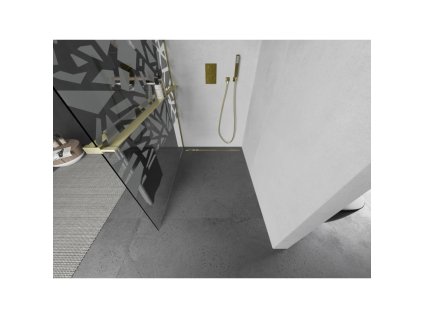 MEXEN/S - Kioto+ L Sprchová zástěna WALK-IN s poličkou a držákem ručníků 90 x 200 cm, bílý vzor, zlatá kartáčovaná 800-090-123-55-85