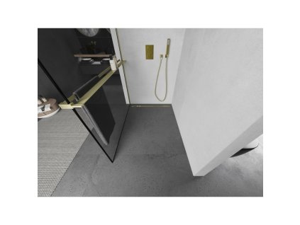MEXEN/S - Kioto+ L Sprchová zástěna WALK-IN s poličkou a držákem ručníků 110 x 200 cm, černý vzor, zlatá kartáčovaná 800-110-123-55-70