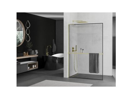 MEXEN/S - Kioto+ L Sprchová zástěna WALK-IN s poličkou a držákem ručníků 120 x 200 cm, černý vzor, zlatá kartáčovaná 800-120-123-55-70