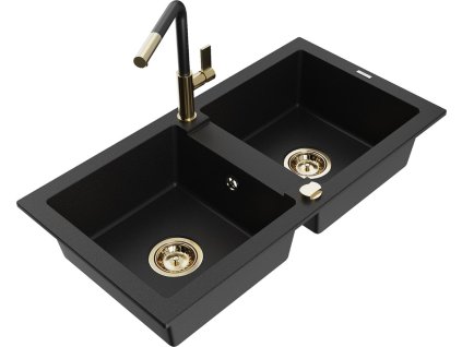MEXEN/S - Mario granitový dřez 2-bowl včetně baterie Flora, černá 6504-77-670401-57-G