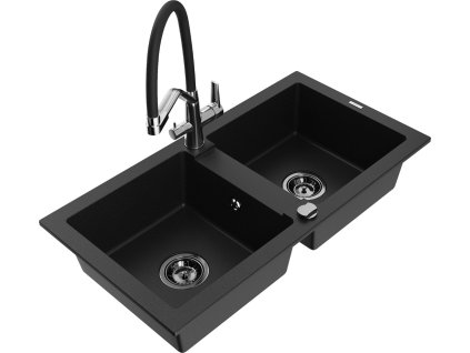 MEXEN/S - Mario granitový dřez 2-bowly včetně baterie Duo, černá 6504-77-671701-07-B