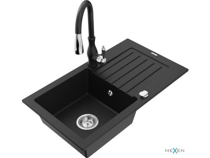 MEXEN/S - Pablo granitový dřez 1 s odkapávačem včetně baterie Savita, černá 6510-77-672601-70