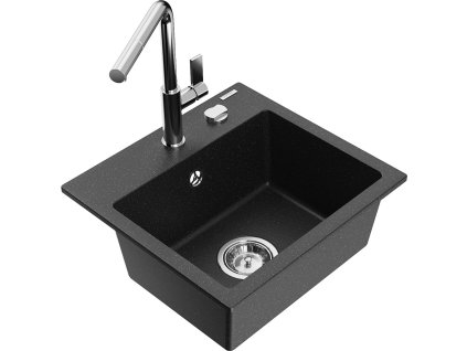 MEXEN/S - Milo granitový dřez 1-miska včetně baterie Flora, černá/stříbrná metalik 6505-73-670401-00