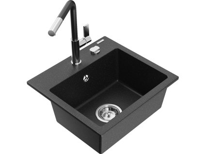 MEXEN/S - Milo granitový dřez 1-miska včetně baterie Flora, černá/stříbrná metalik 6505-73-670401-07