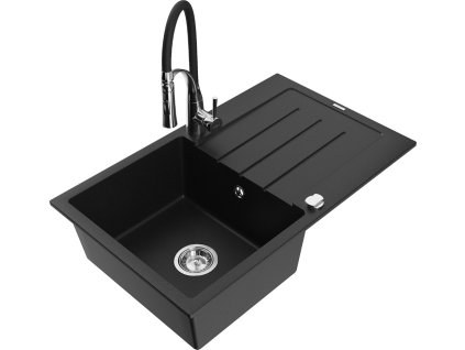 MEXEN/S - Bruno granitový dřez s odkapávačem včetně baterie Aster, černá 6513-77-73450-07