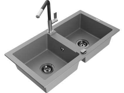 MEXEN/S - Mario granitový dřez 2-bowl včetně baterie Flora, šedá 6504-71-670401-07-B