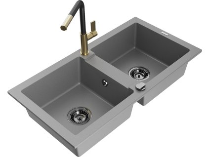 MEXEN/S - Mario granitový dřez 2-bowl včetně baterie Flora, šedá 6504-71-670401-57-B
