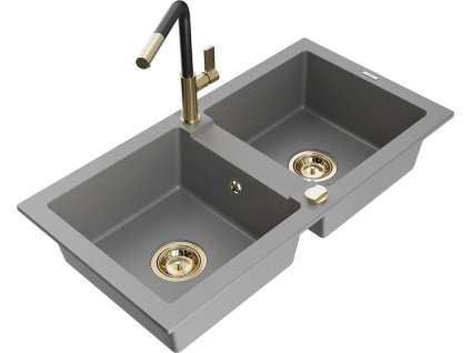MEXEN/S - Mario granitový dřez 2-bowl včetně baterie Flora, šedá 6504-71-670401-57-G