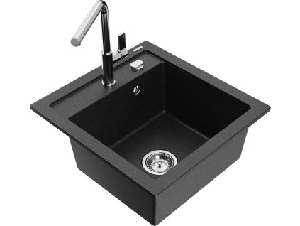 MEXEN/S - Vito granitový dřez 1-miska včetně baterie Flora, černá/stříbrná metalik 6503-73-670401-00
