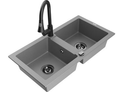 MEXEN/S - Mario granitový dřez 2-bowl včetně baterie Elia, šedá 6504-71-670101-70-B