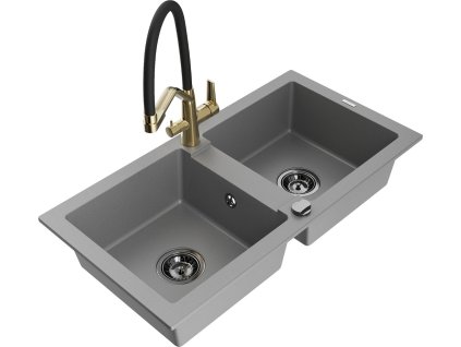 MEXEN/S - Mario granitový dřez 2-bowly včetně baterie Duo, šedá 6504-71-671701-57-B