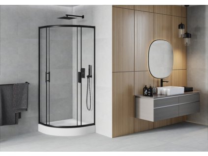 MEXEN/S - Rio čtvrtkruhový sprchový kout 90 x 90, transparent, černá + vanička Rio 863-090-090-70-00-4710