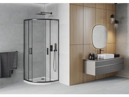 MEXEN/S - Rio čtvrtkruhový sprchový kout 90 x 90, transparent, černý + vanička se sifonem Flat, bílá 863-090-090-70-00-4110B