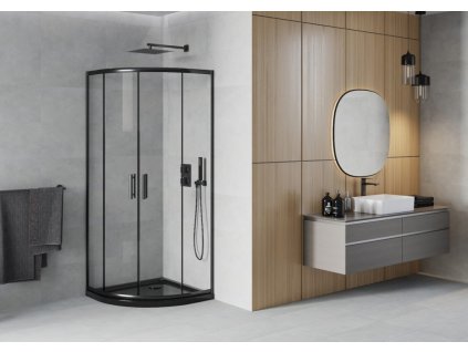 MEXEN/S - Rio čtvrtkruhový sprchový kout 90 x 90, transparent, černý + vanička se sifonem Flat, černý 863-090-090-70-00-4170B