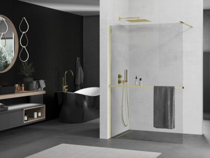 MEXEN/S - KIOTO Sprchová zástěna WALK-IN s poličkou a držákem ručníků 70 x 200, transparent 8 mm, zlatá 800-070-121-50-00