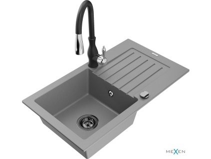 MEXEN/S - Pablo granitový dřez 1 s odkapávačem včetně baterie Savita, šedá 6510-71-672601-70-B