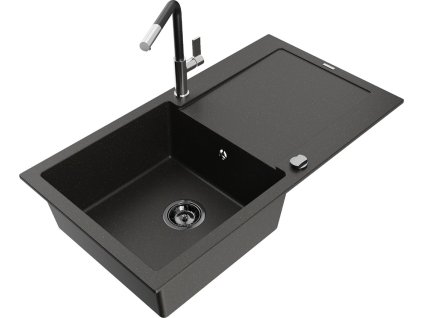 MEXEN/S - Leo granitový dřez 1 s odkapávačem včetně baterie Flora, černá/zlatá metalik 6501-75-670401-07-B